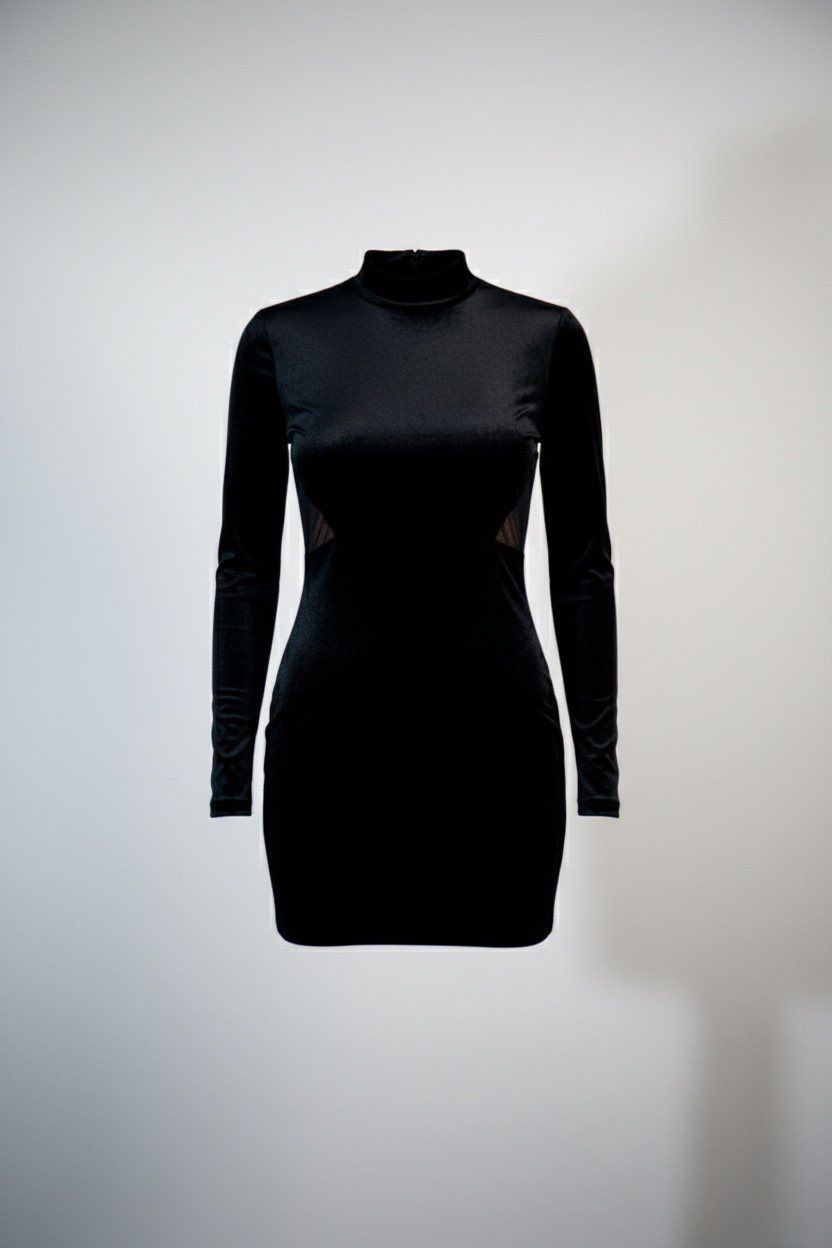 Velvet lace mix funnel neck mini dress black