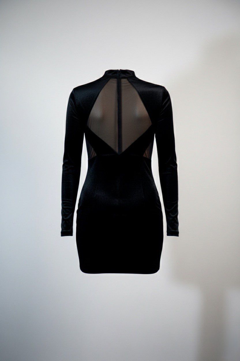 Velvet lace mix funnel neck mini dress black