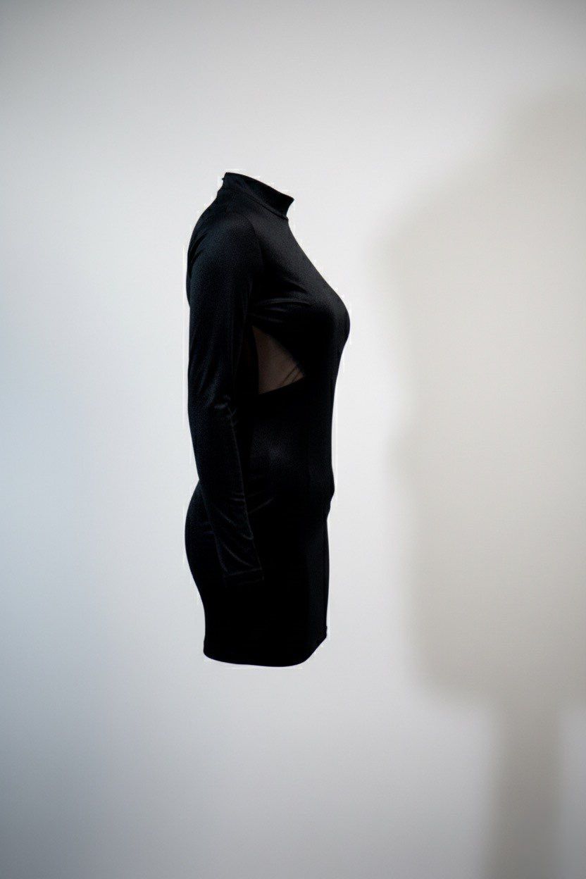 Velvet lace mix funnel neck mini dress black