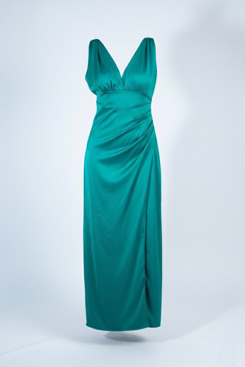 MISSPAP premium satin ruched strappy midi dress green