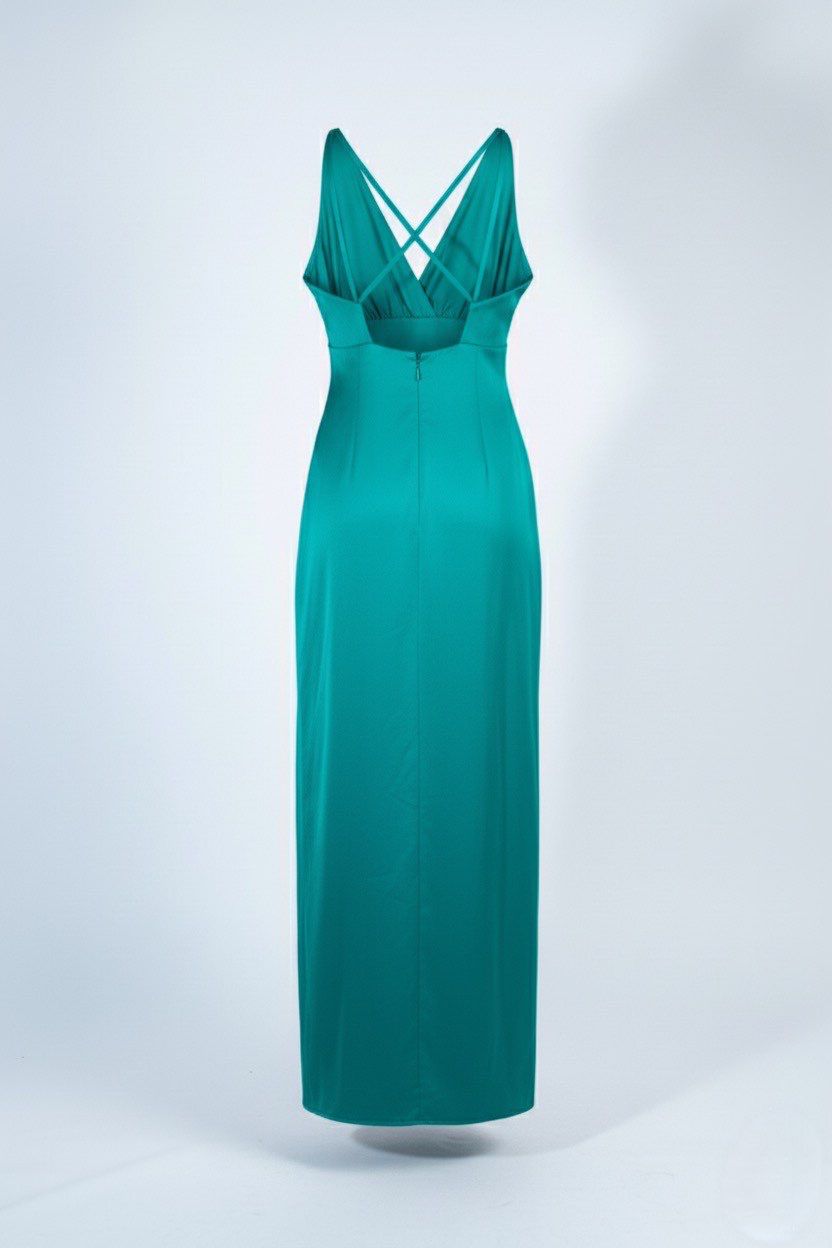 MISSPAP premium satin ruched strappy midi dress green