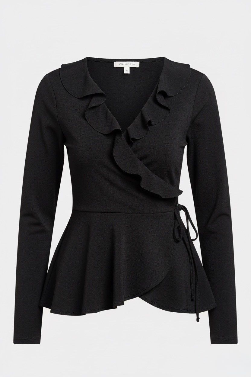 Bohoo wrap front ruffle top black