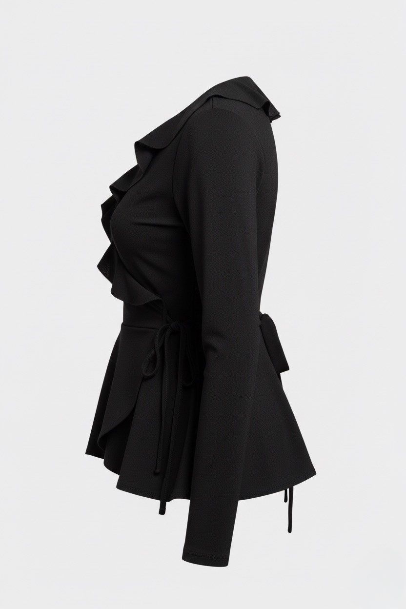 Bohoo wrap front ruffle top black